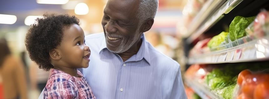 Man and child at grocery store